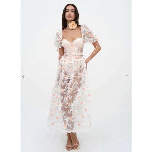 For Love and Lemons Tessa White Floral Appliqué Embroidered Midi Dress Sz M $369 - Picture 5 of 16